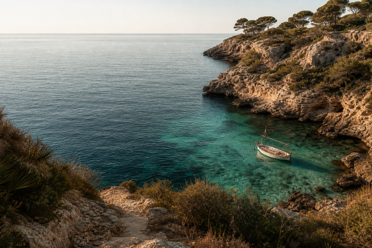 A quiet limestone cove and traditional boat on Mallorca's coast