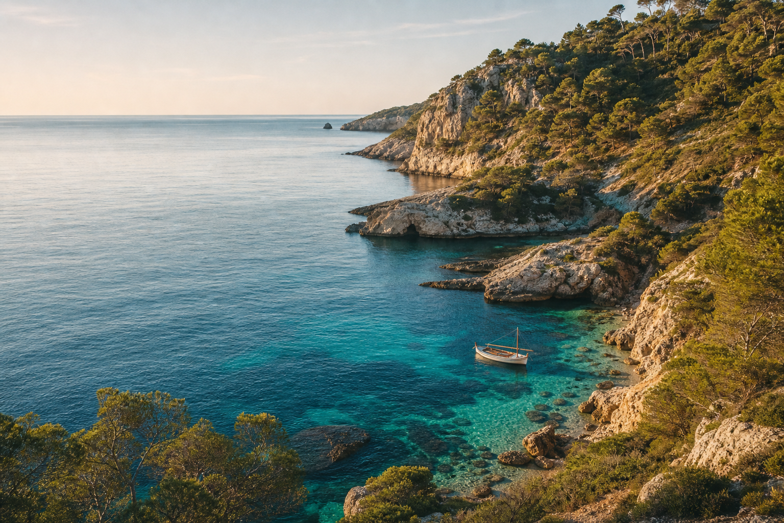 A quiet limestone cove and traditional boat on Mallorca's coast